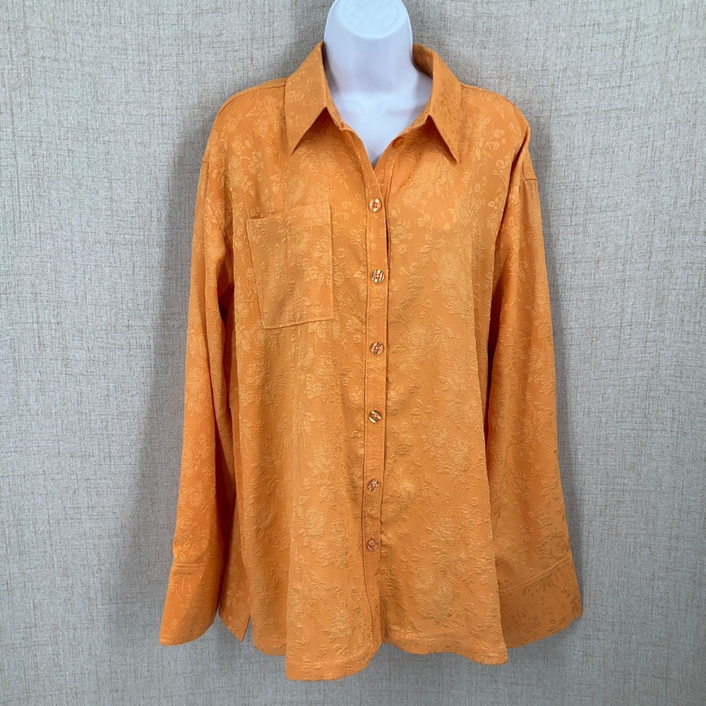 LPA Button Up Blouse Women L Orange Polyester Floral Jacquard Oversized Boho